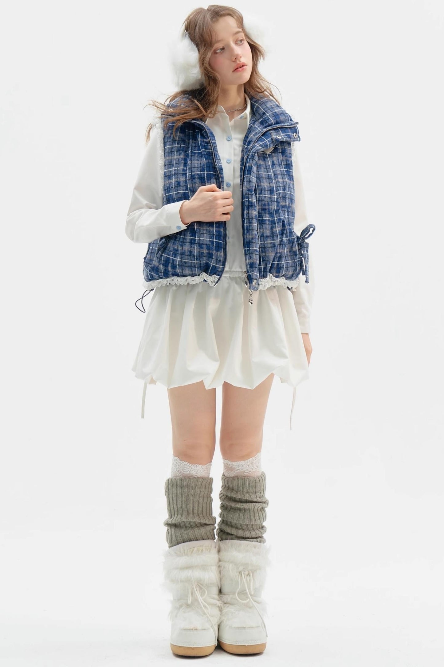 Thickened Velvet Blue Check Cotton Jacket