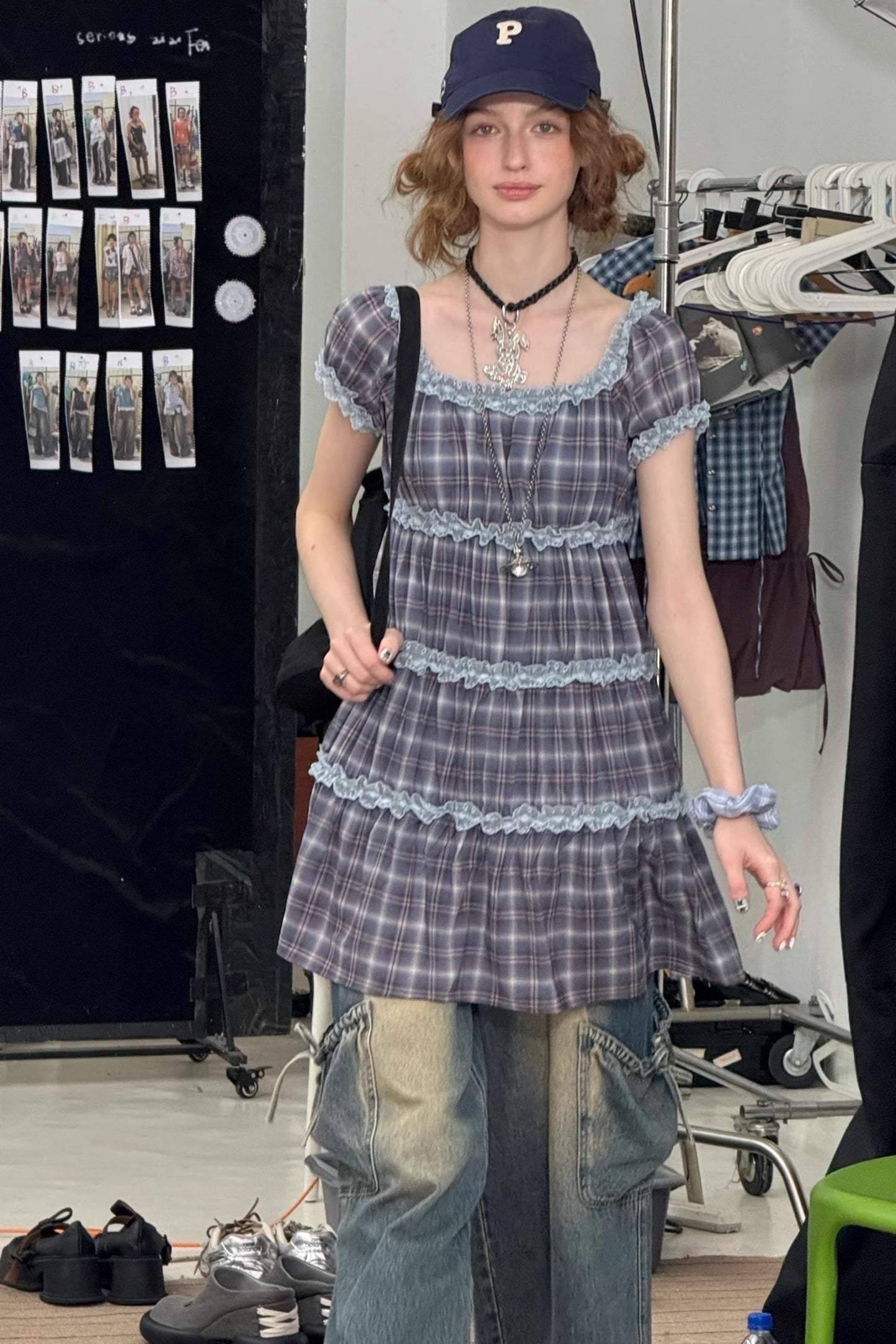 Purple Plaid Puff Sleeve Dress