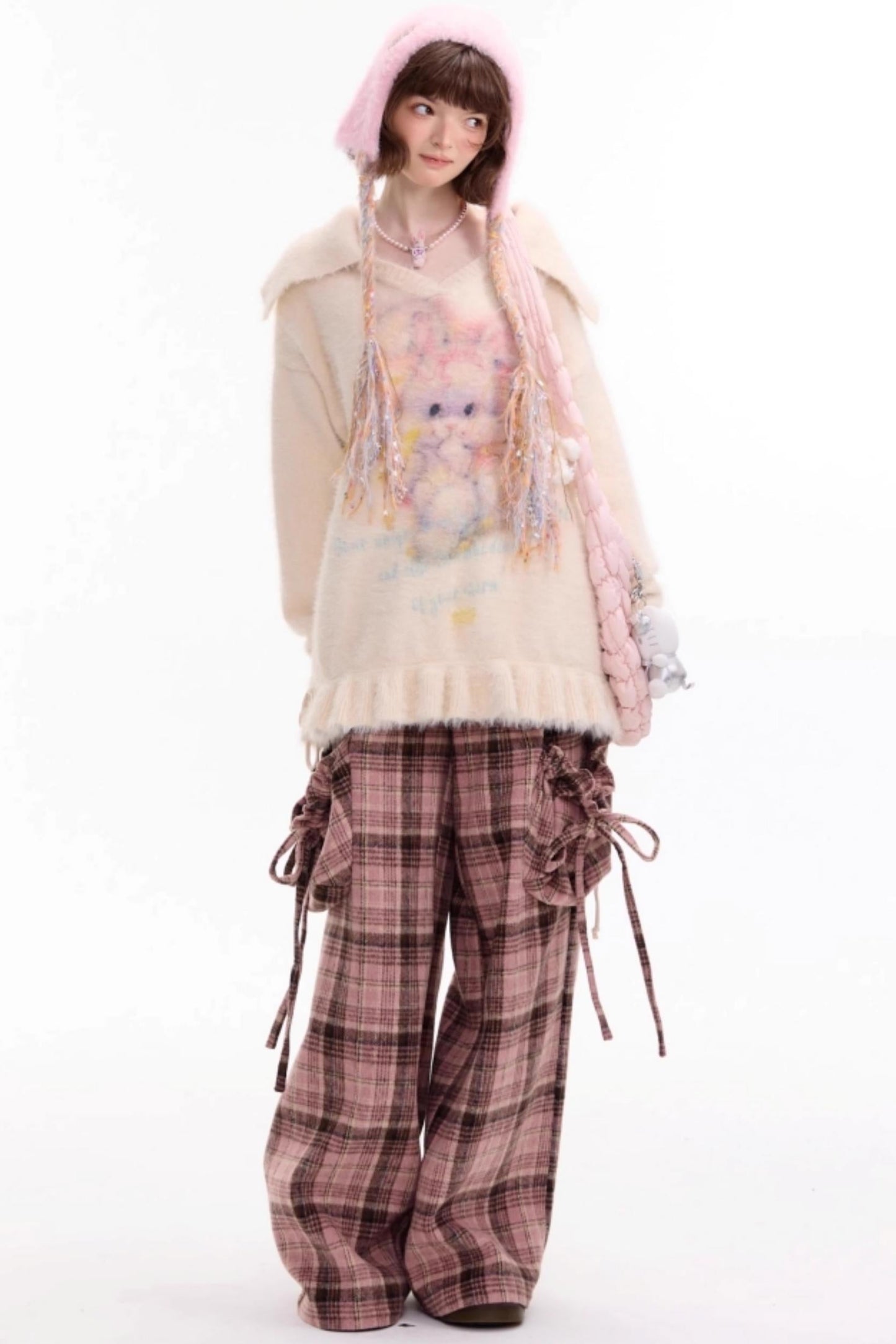 美国粉色格子阔腿裤