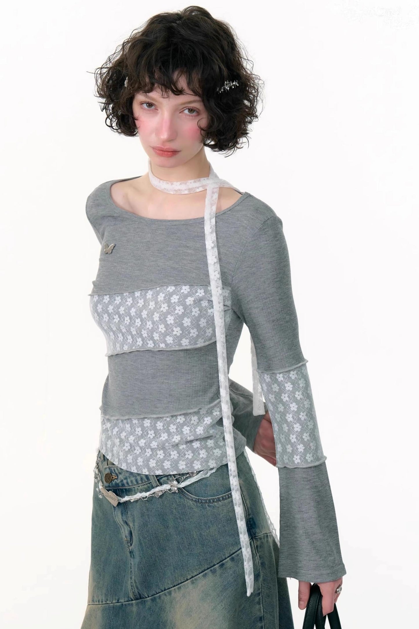 Twill Stitch Lace Knit Top