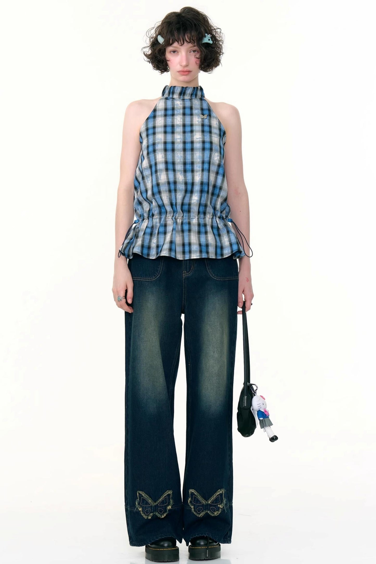 American Retro Butterfly Blue High-Waisted Wide-Leg Jeans