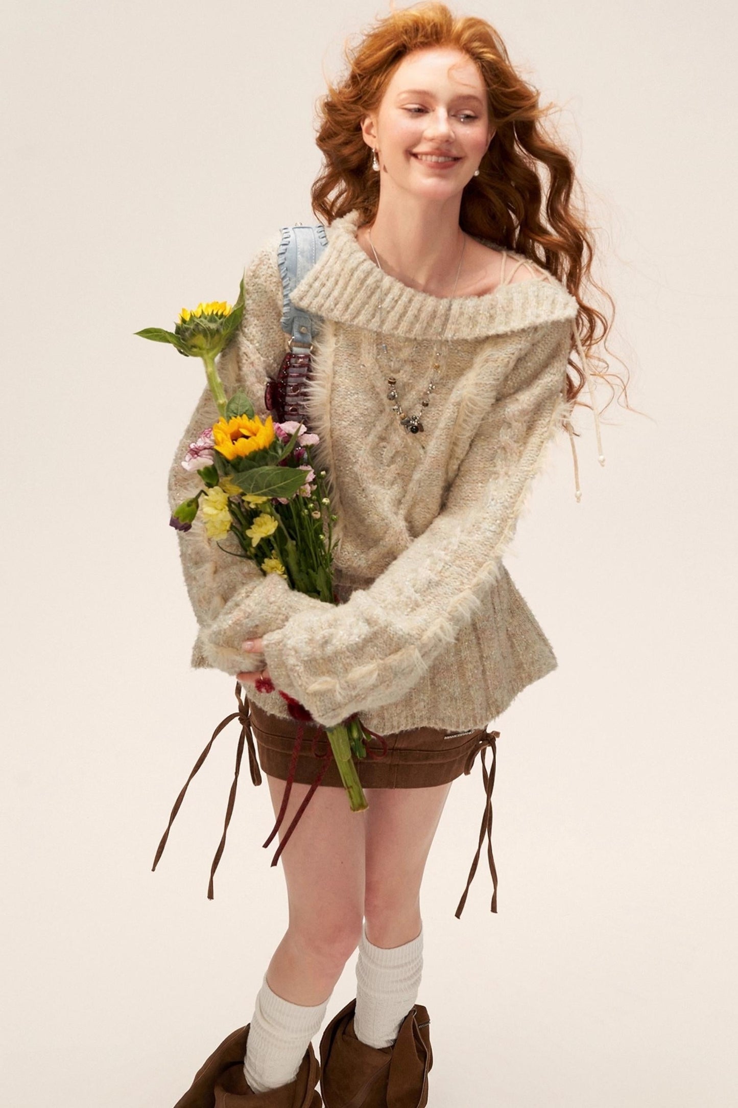 Lapel Tie Waist-Cinching Knit Sweater