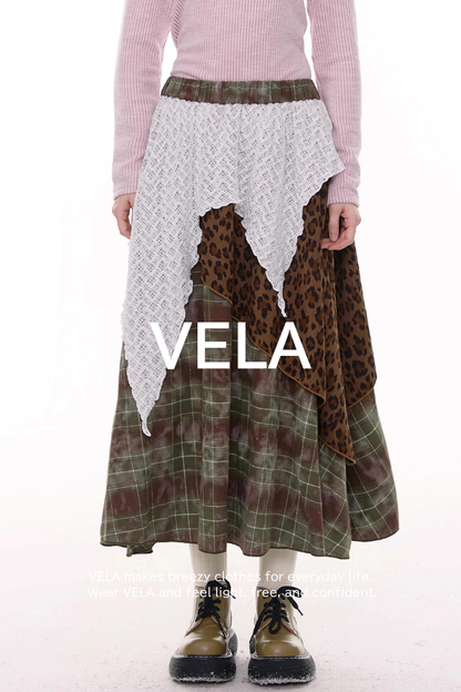 High Waist Irregular Plaid Leopard Print Midi Skirt