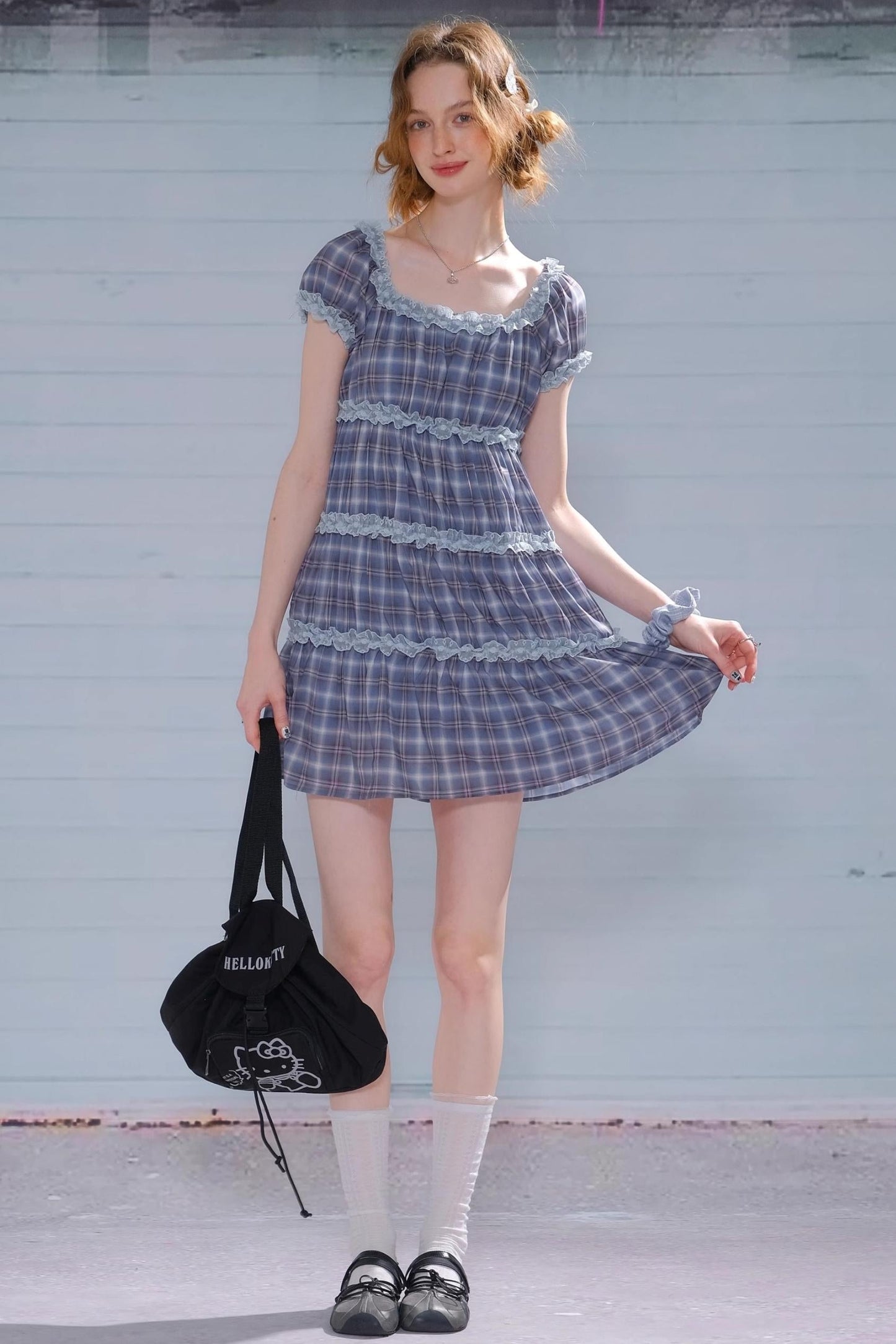 Purple Plaid Puff Sleeve Dress