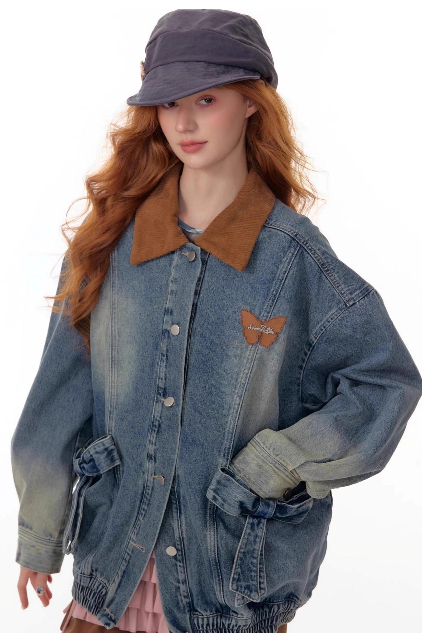 Bow Corduroy Collar Retro Denim Jacket