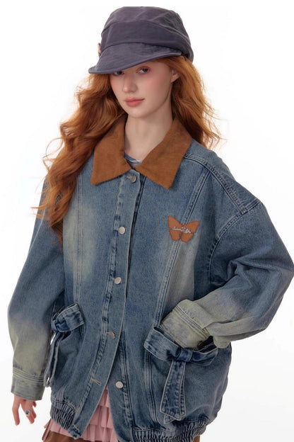 Bow Corduroy Collar Retro Denim Jacket