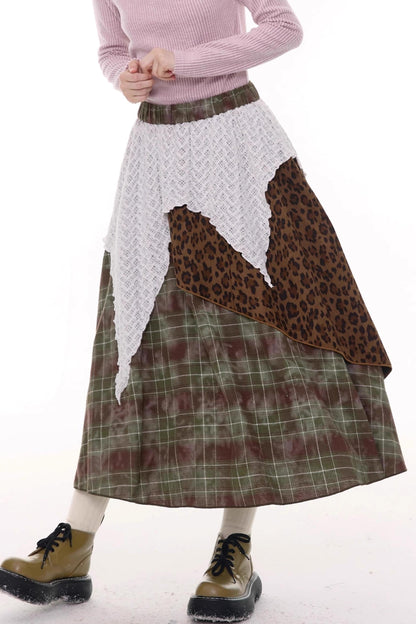 High Waist Irregular Plaid Leopard Print Midi Skirt