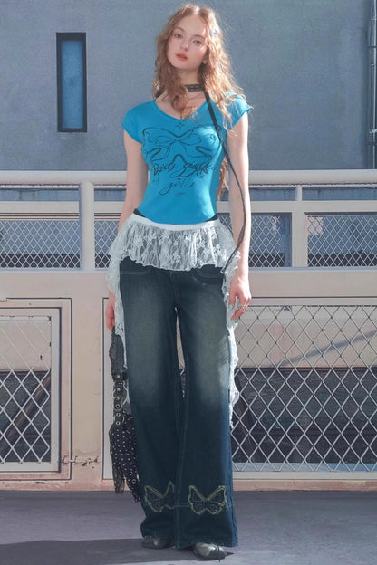 American Retro Butterfly Blue High-Waisted Wide-Leg Jeans
