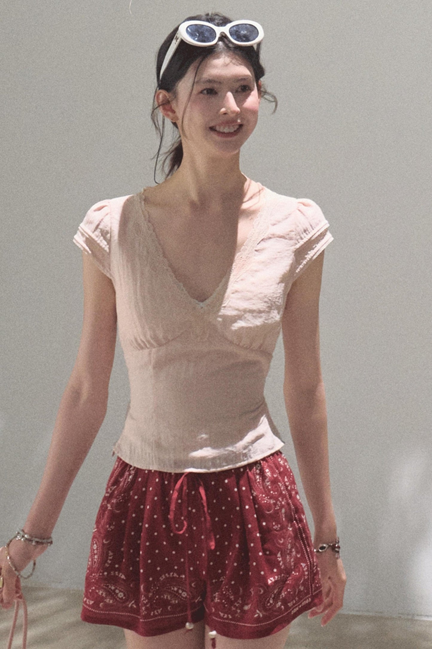 Fuzzy Lace V-Neck Tie Top