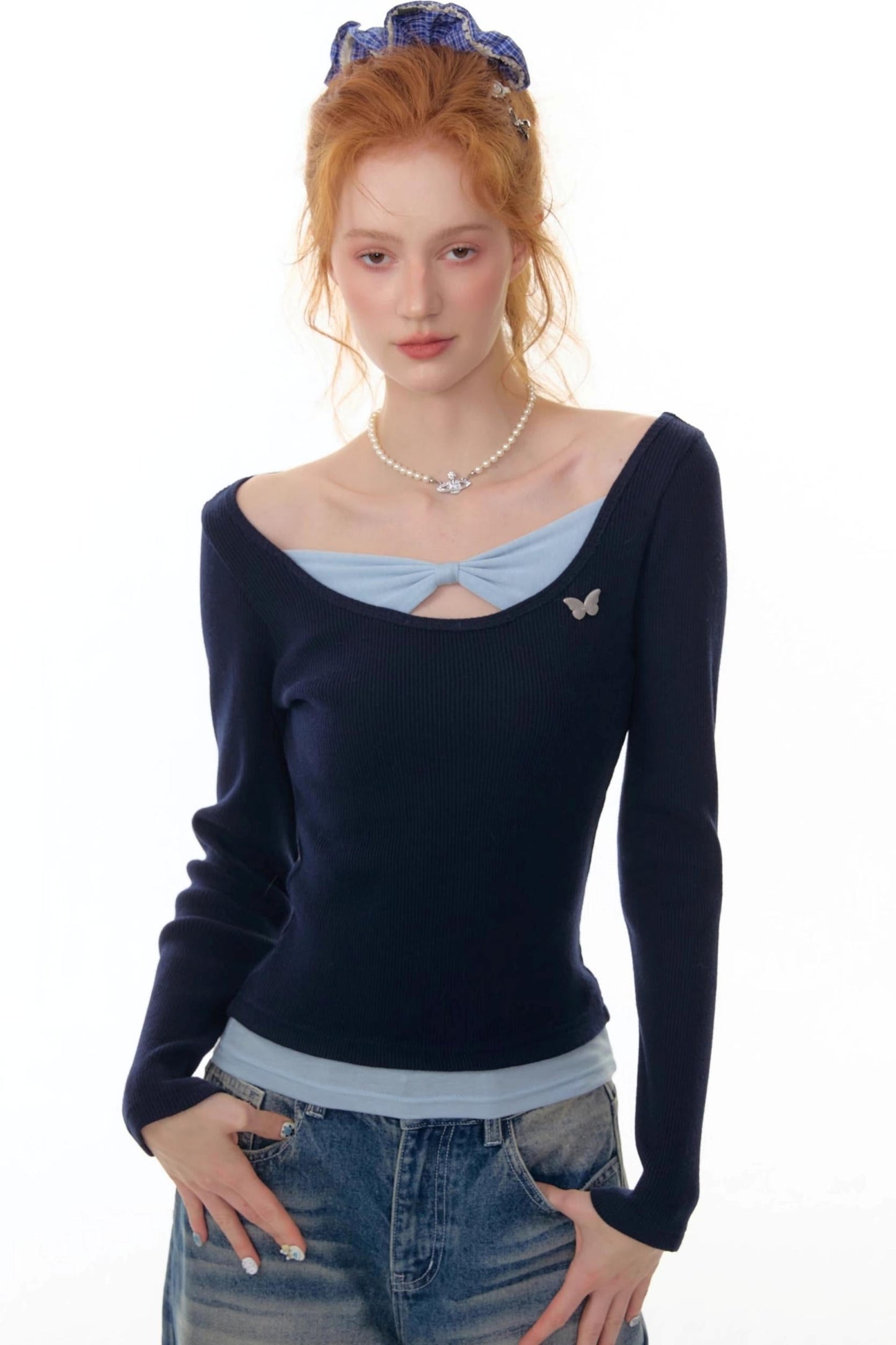 Fake Two Bow Long sleeve T-shirt