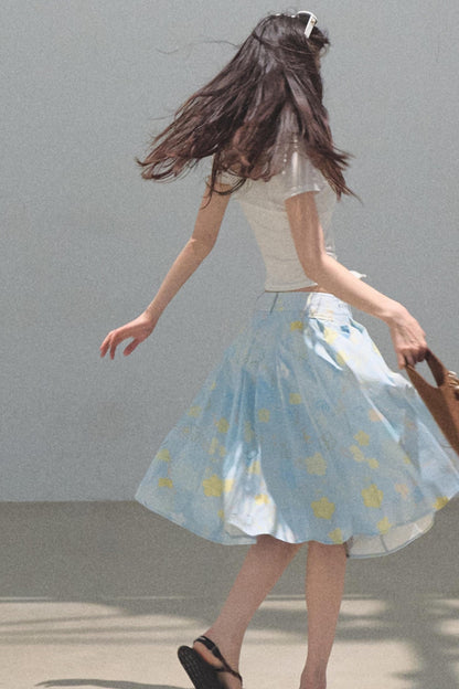 Running Waves Cotton Poplin Pleated Midi Skirt