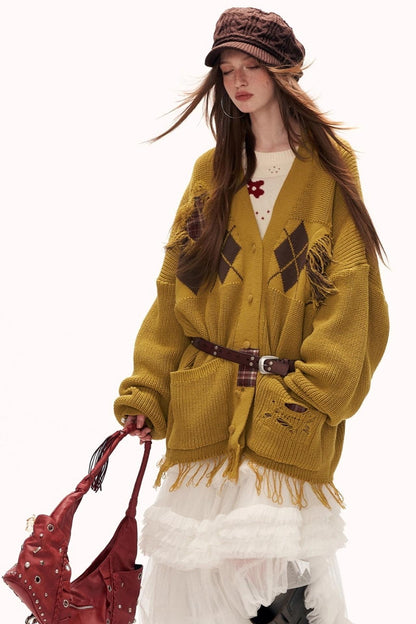 拼接流苏针织毛衣外套