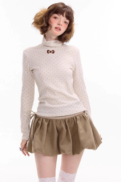 Retro Polka Dot High-Neck Long Sleeve T-Shirt