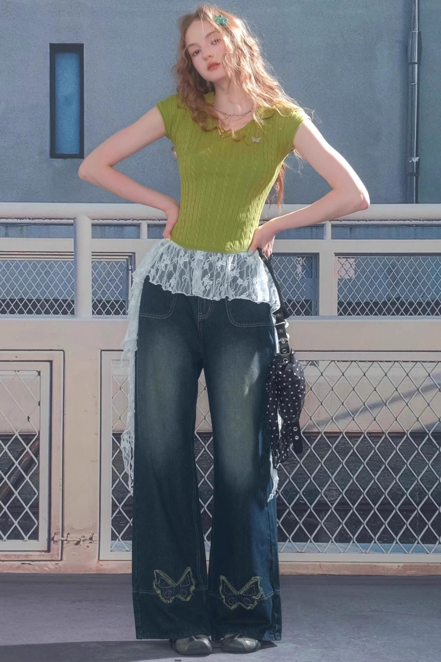 American Retro Butterfly Blue High-Waisted Wide-Leg Jeans