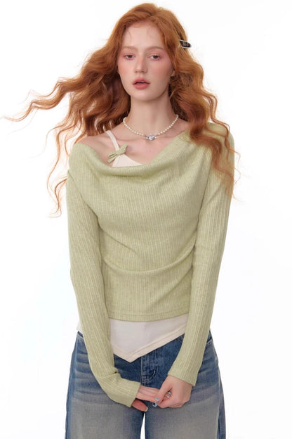 Swing Collar Fake Two Pieces Slim Top