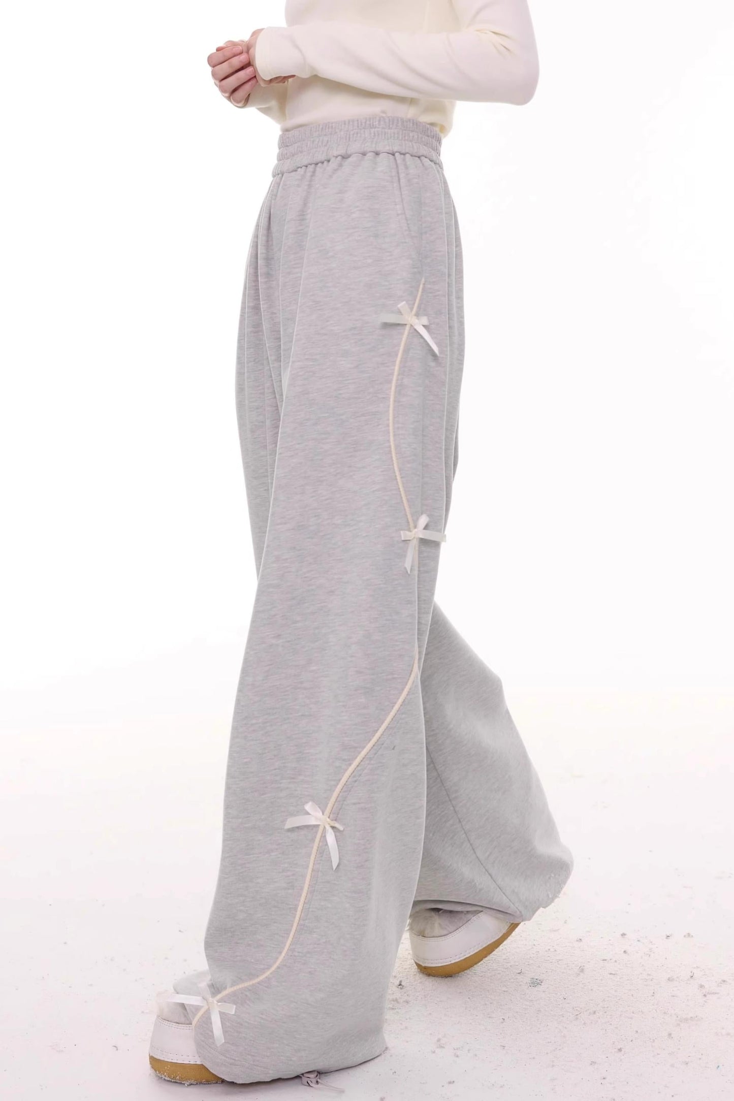 Gray Bow Wide-Leg Sweatpants