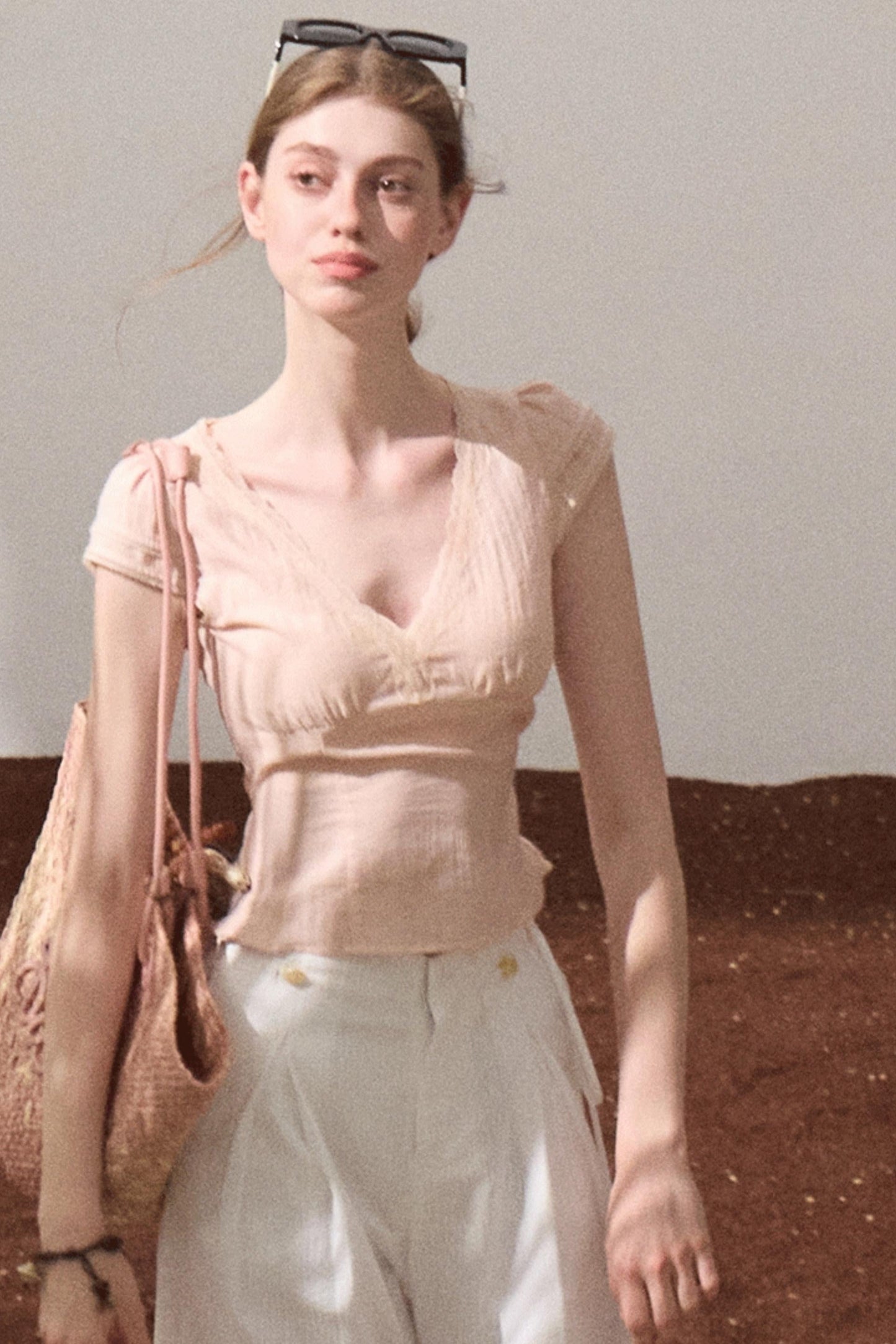 Fuzzy Lace V-Neck Tie Top