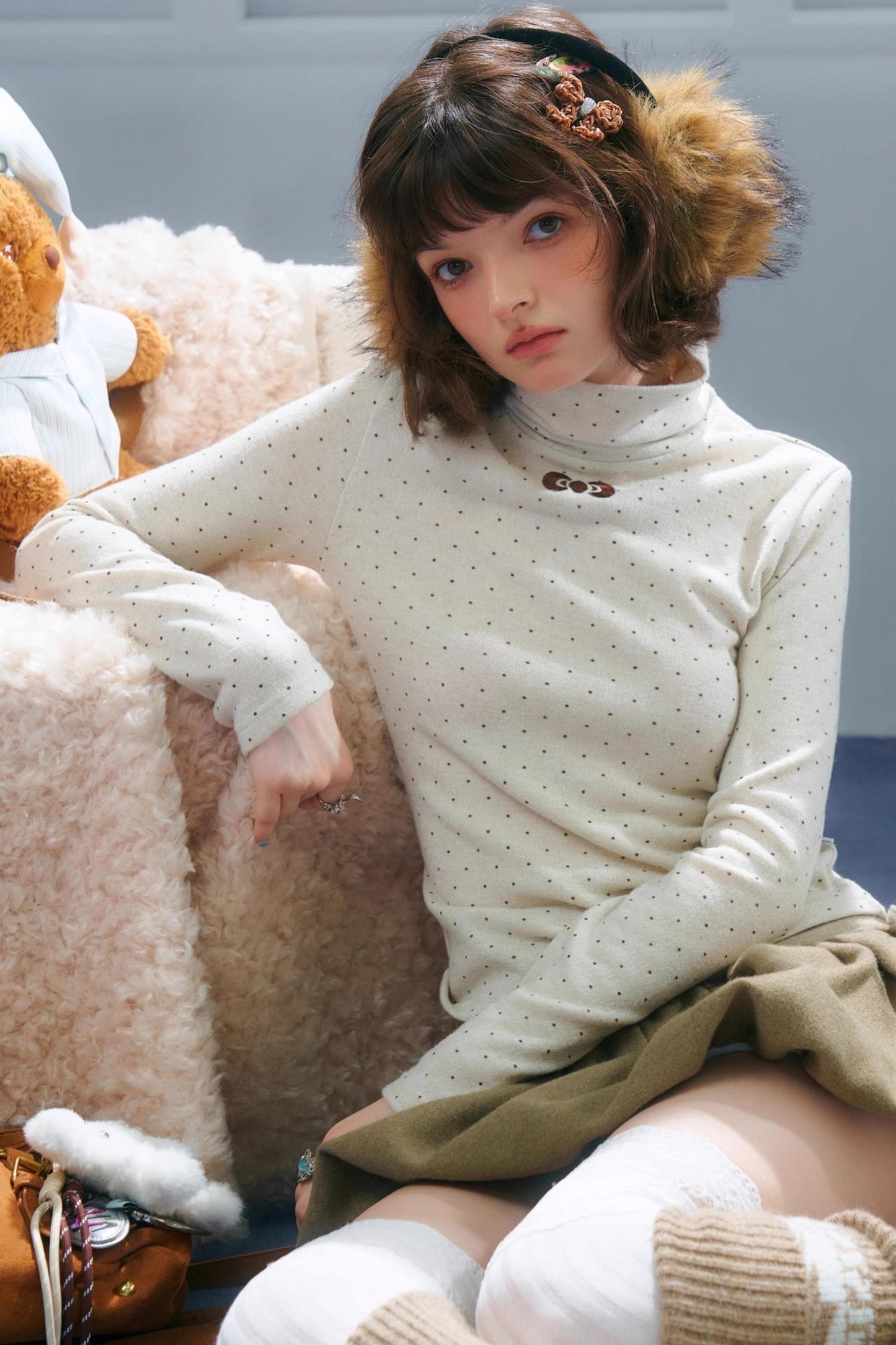 Retro Polka Dot High-Neck Long Sleeve T-Shirt