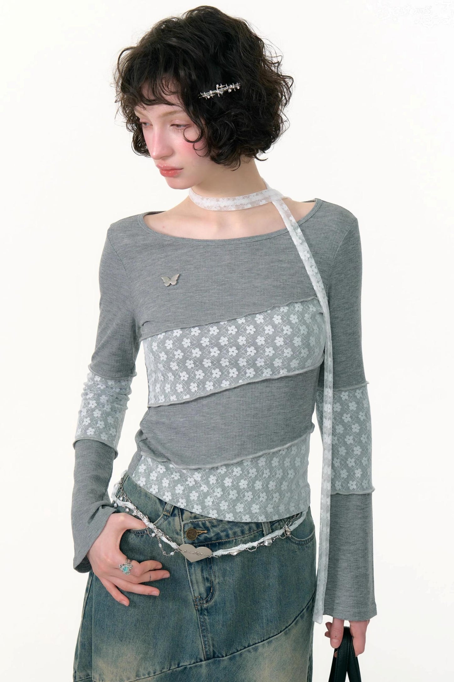 Twill Stitch Lace Knit Top