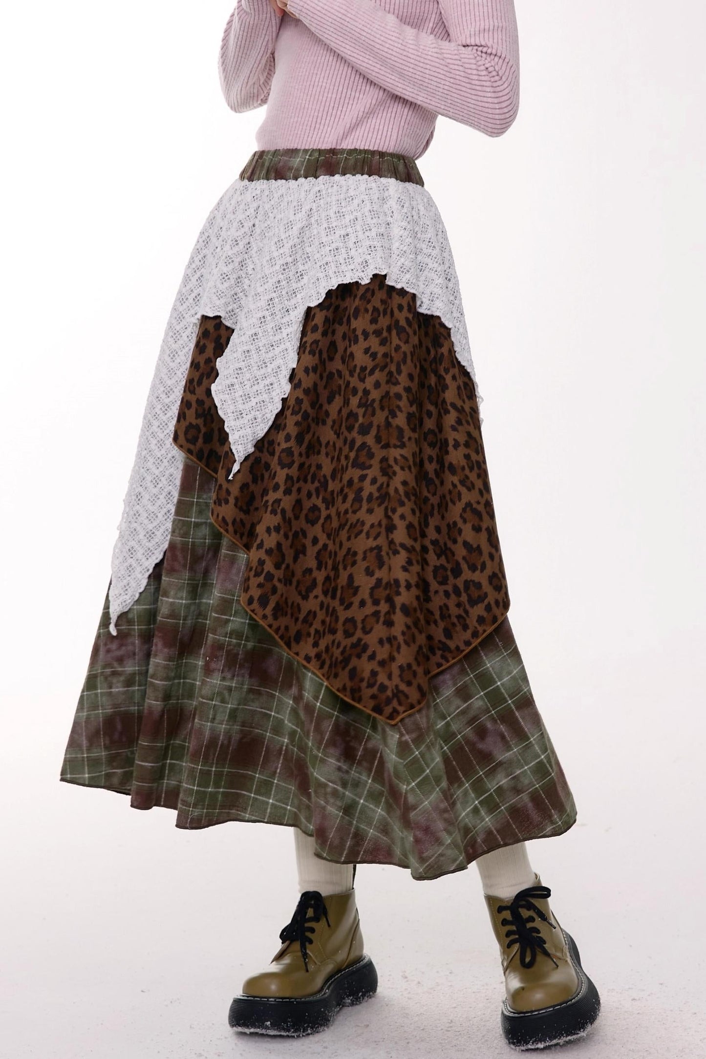 High Waist Irregular Plaid Leopard Print Midi Skirt