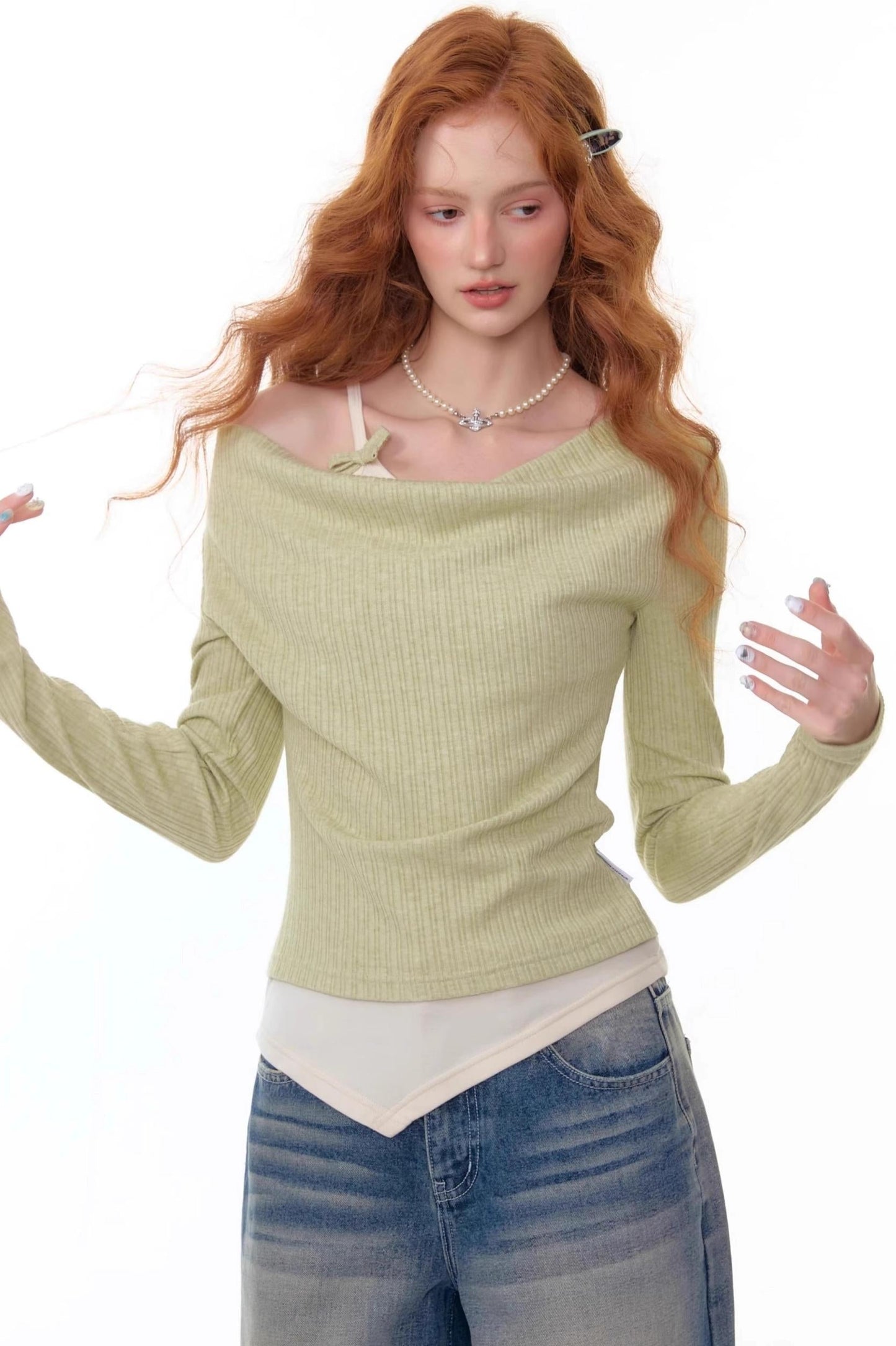 Swing Collar Fake Two Pieces Slim Top