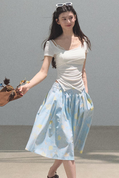 Running Waves Cotton Poplin Pleated Midi Skirt