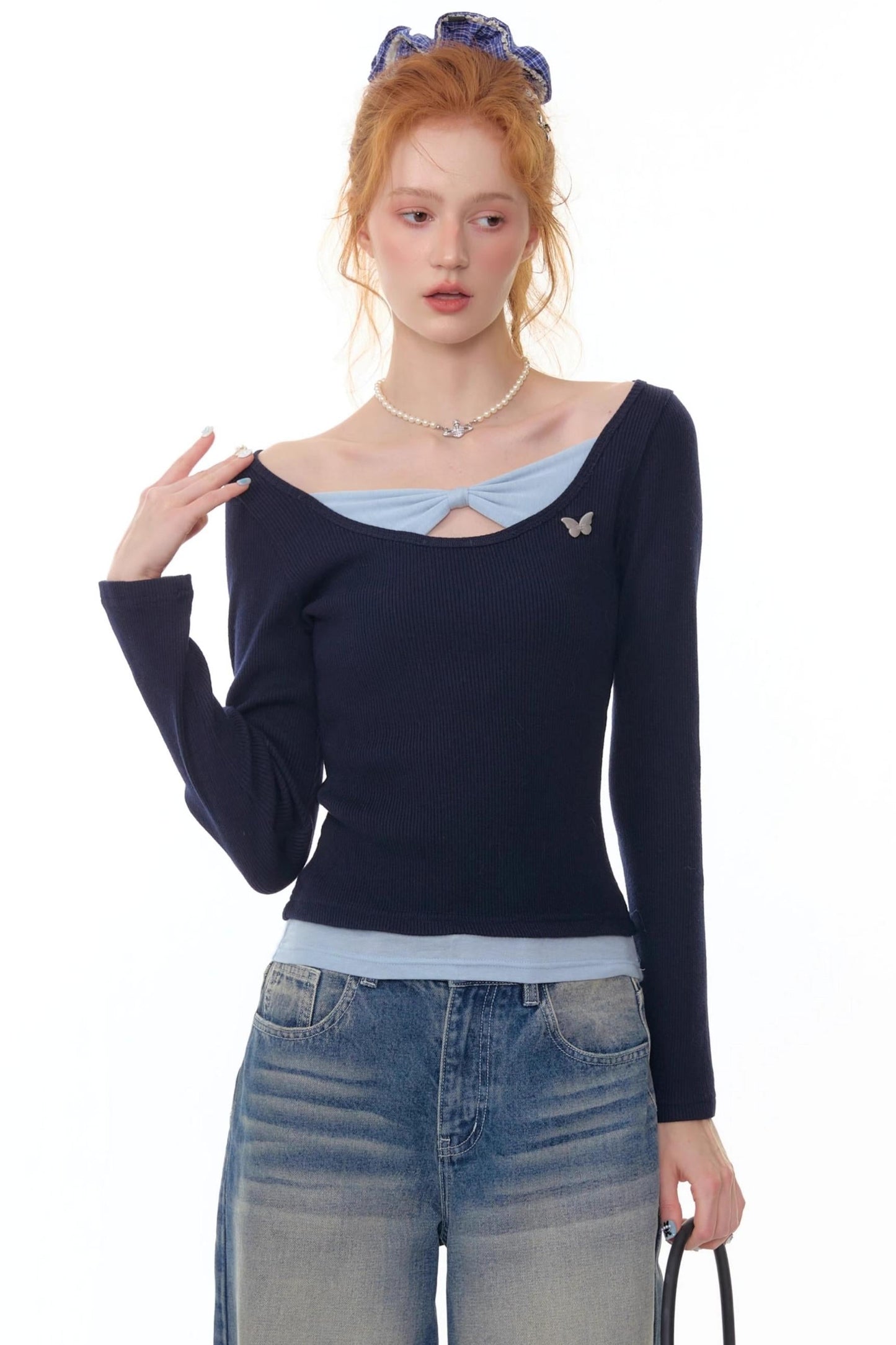 Fake Two Bow Long sleeve T-shirt