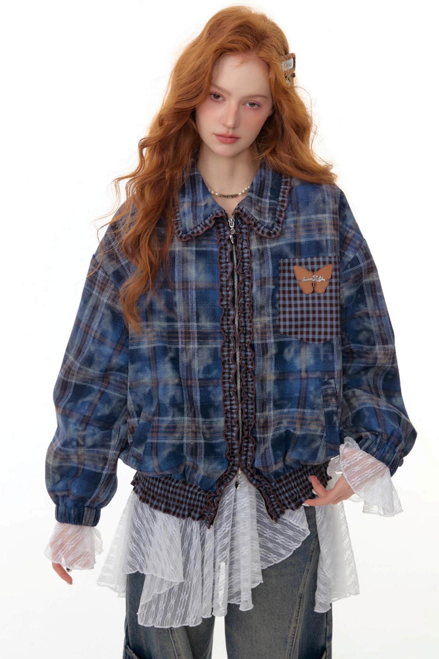 High-End Retro Blue Plaid Jacket