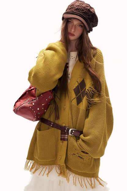 拼接流苏针织毛衣外套