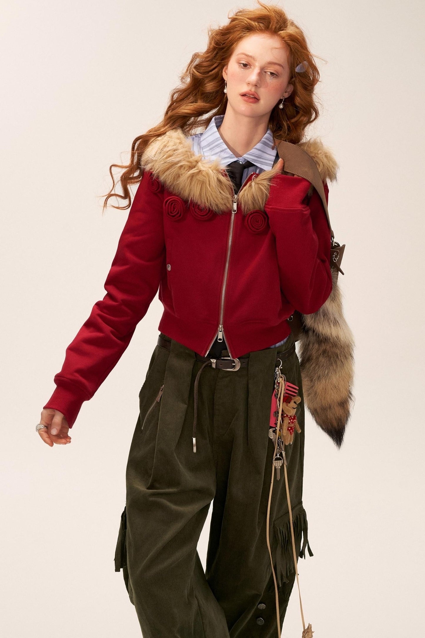 可拆卸毛领双拉链外套