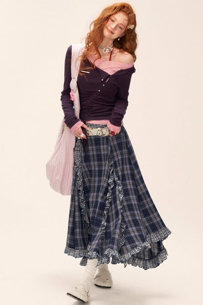 Spliced ​​Plaid Long Skirt