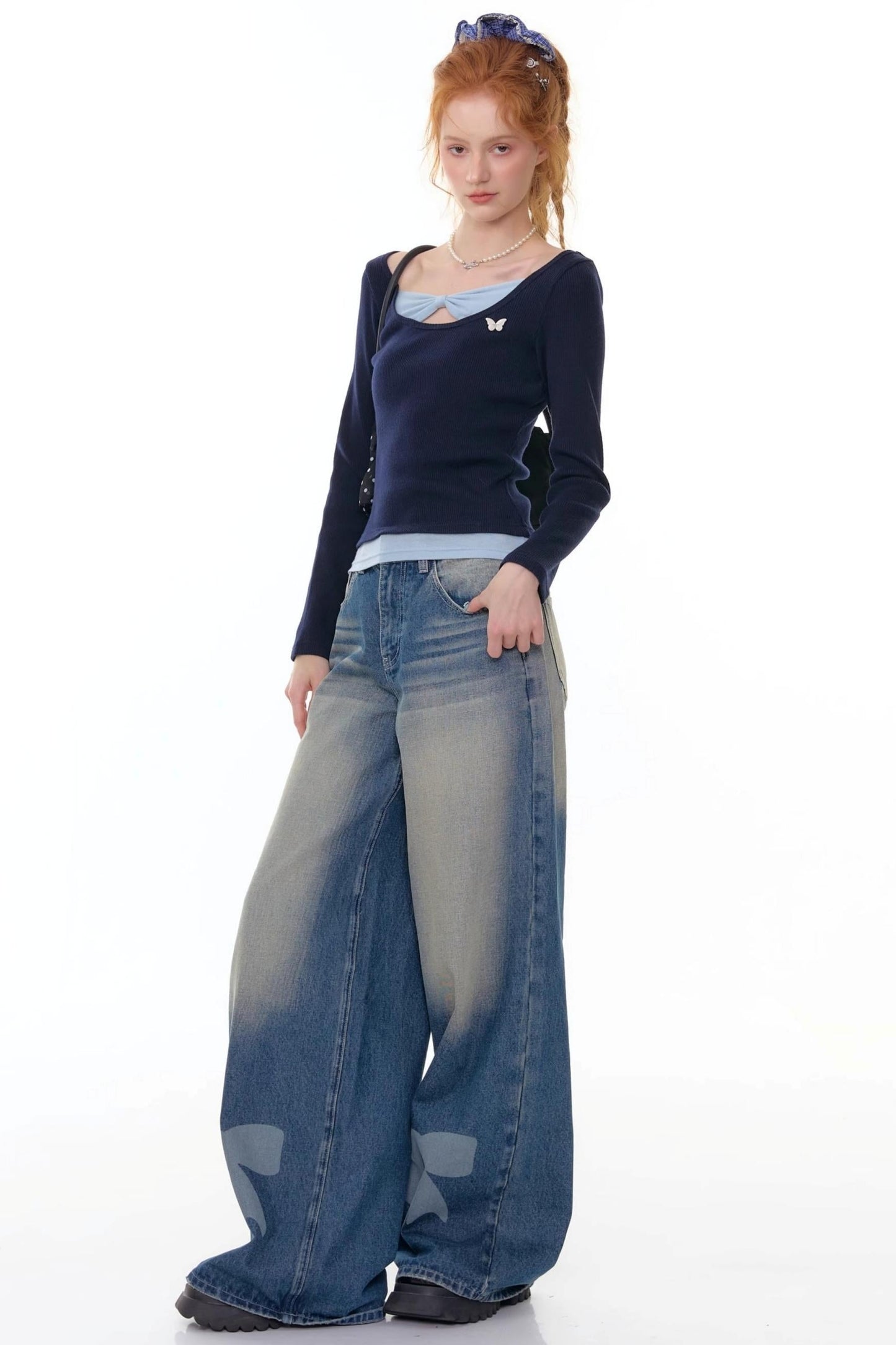 Fake Two Bow Long sleeve T-shirt