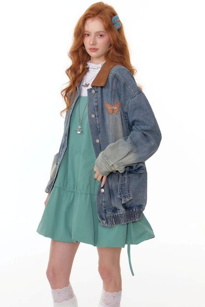 Bow Corduroy Collar Retro Denim Jacket