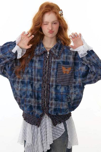 High-End Retro Blue Plaid Jacket
