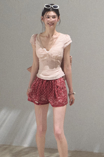 Fuzzy Lace V-Neck Tie Top