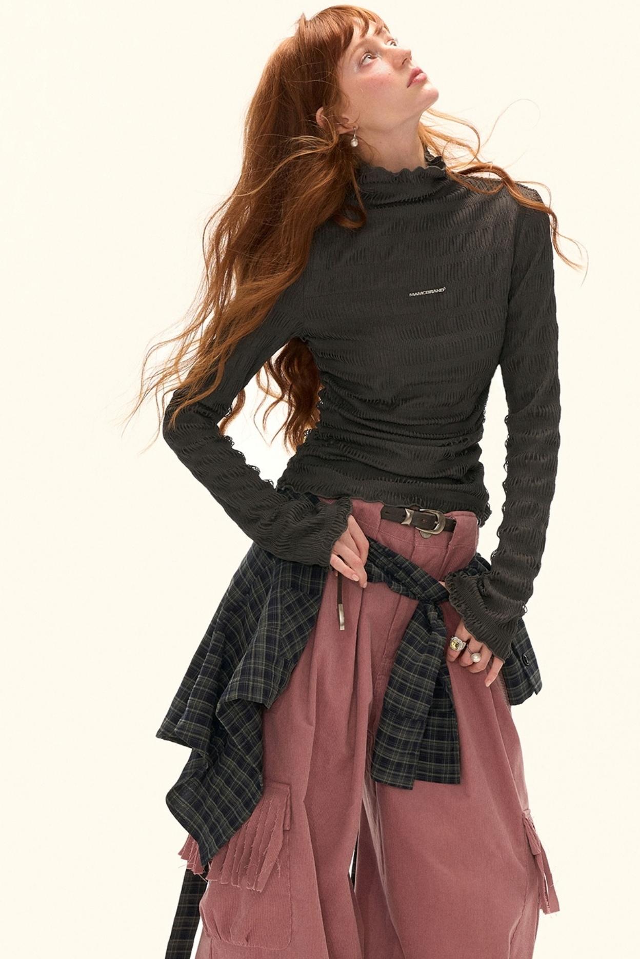 ハイネック ニット ストライプ スリムシャツ
