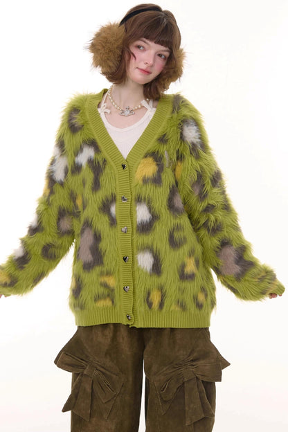 Autumn Glutinous Green Leopard Cardigan