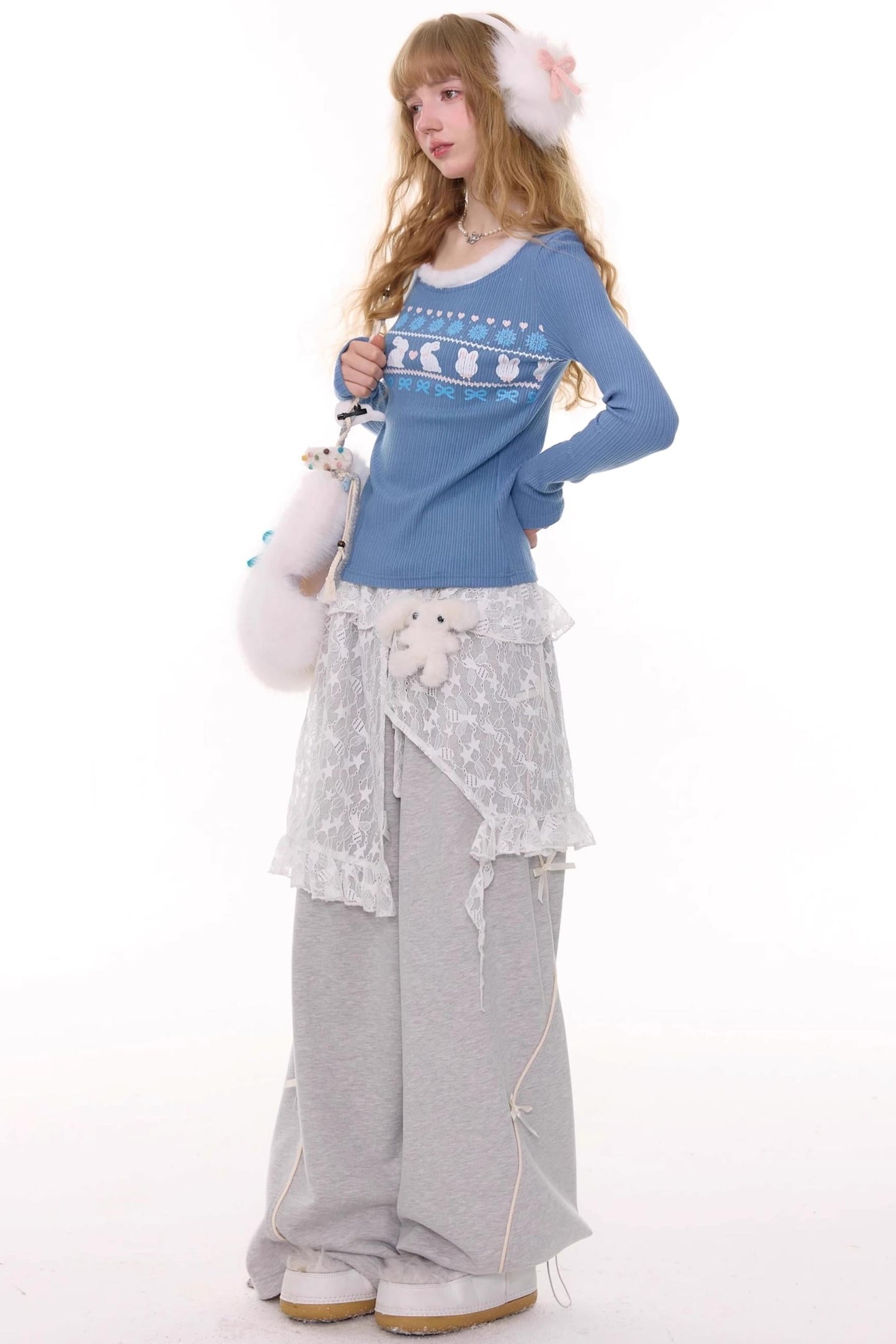 Gray Bow Wide-Leg Sweatpants