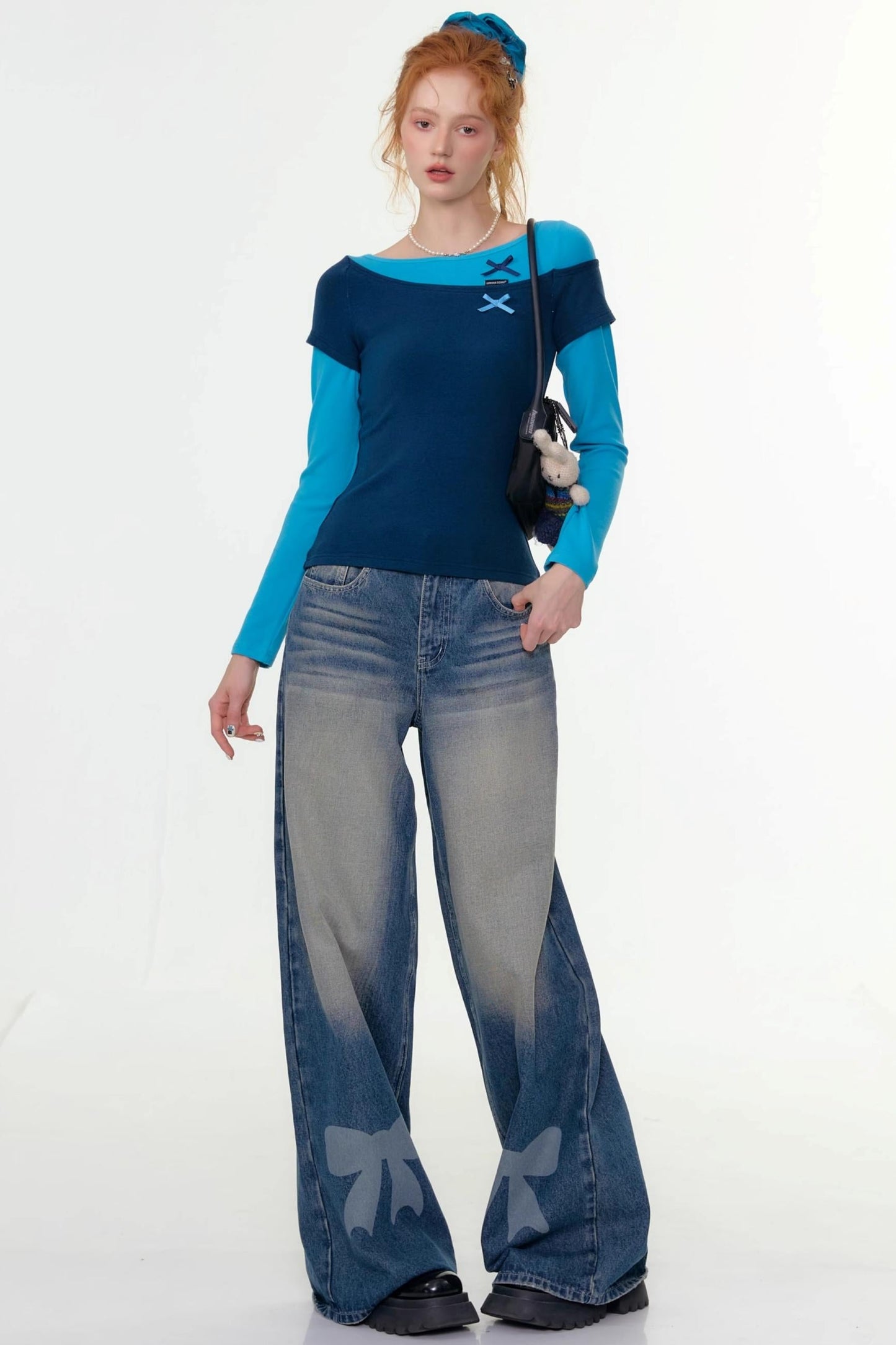 Retro Design Bow Top Long Sleeve T-Shirt