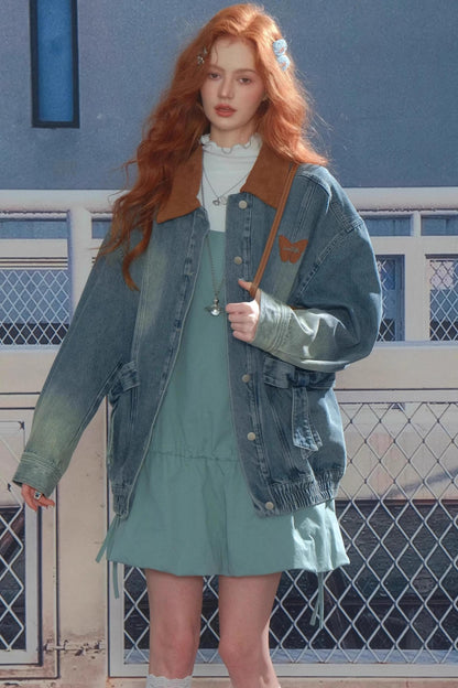 Bow Corduroy Collar Retro Denim Jacket