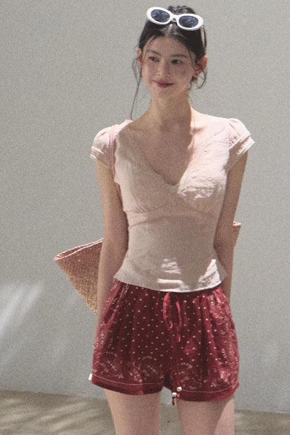 Fuzzy Lace V-Neck Tie Top