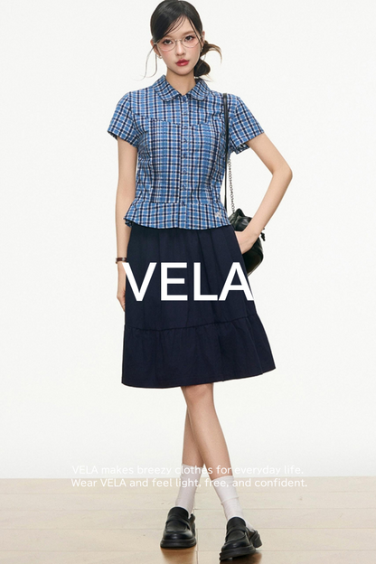 Checked Navy Skirt Shirt Set-Up