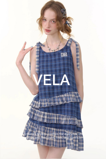 Blue Plaid Halter Dress