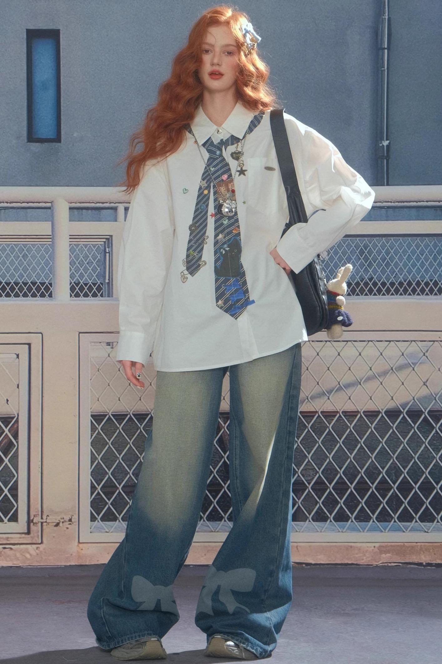 Retro Bow Design High-Waisted Denim Pants