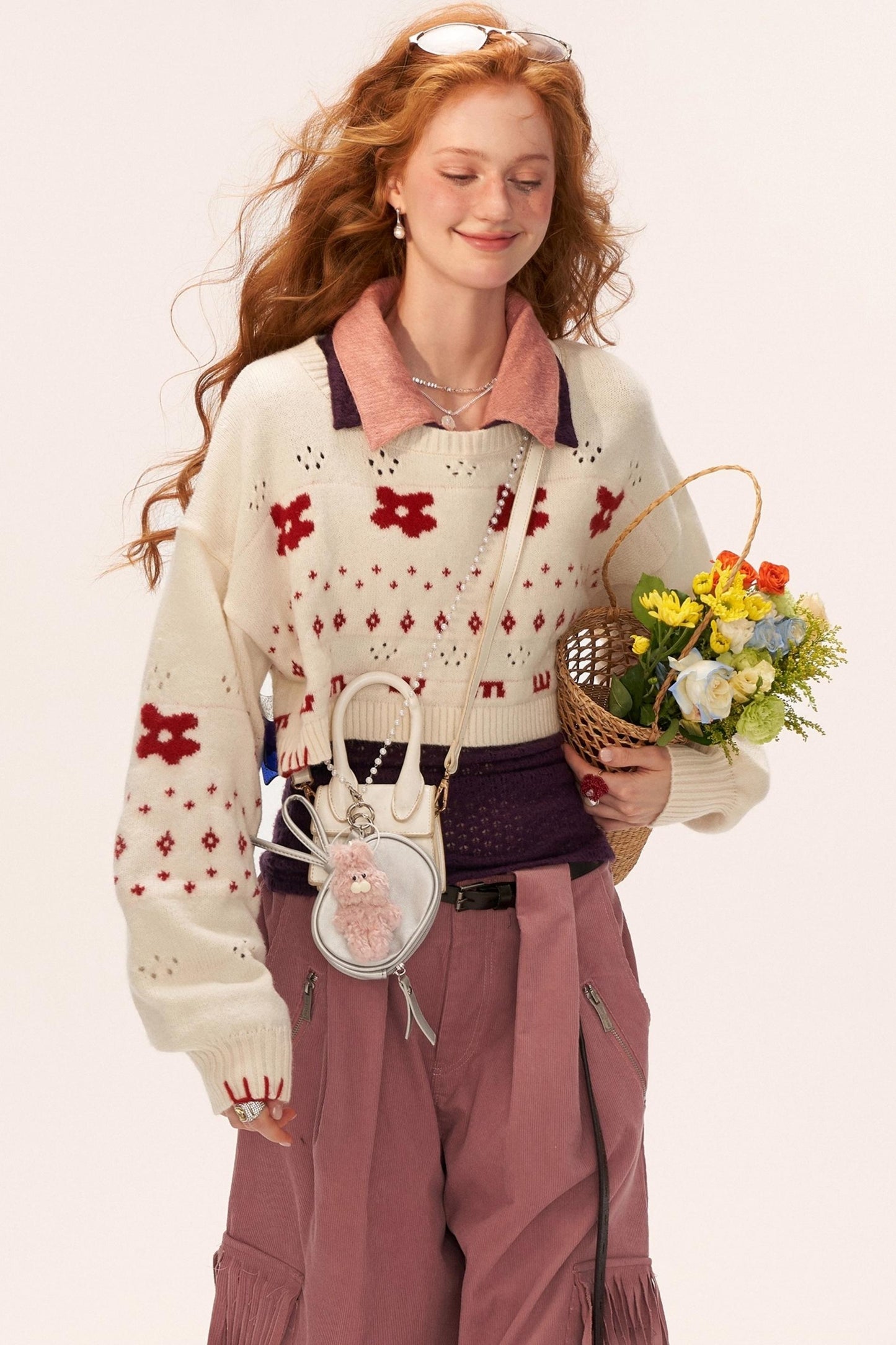 星形提花毛衣上衣套装