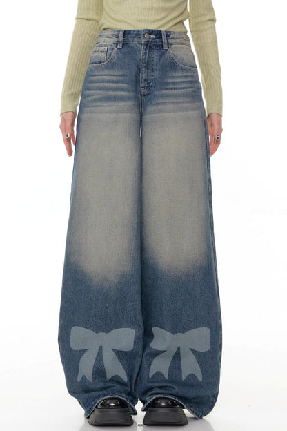 Retro Bow Design High-Waisted Denim Pants