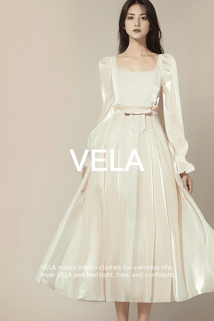 Shiny Satin Ribbon-Belt Flared Dress