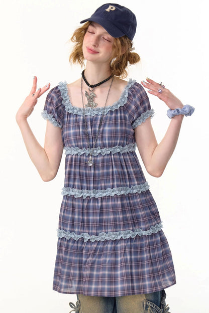 Purple Plaid Puff Sleeve Dress