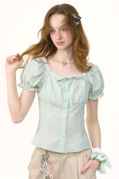 Plaid Bubble Sleeve Blouse