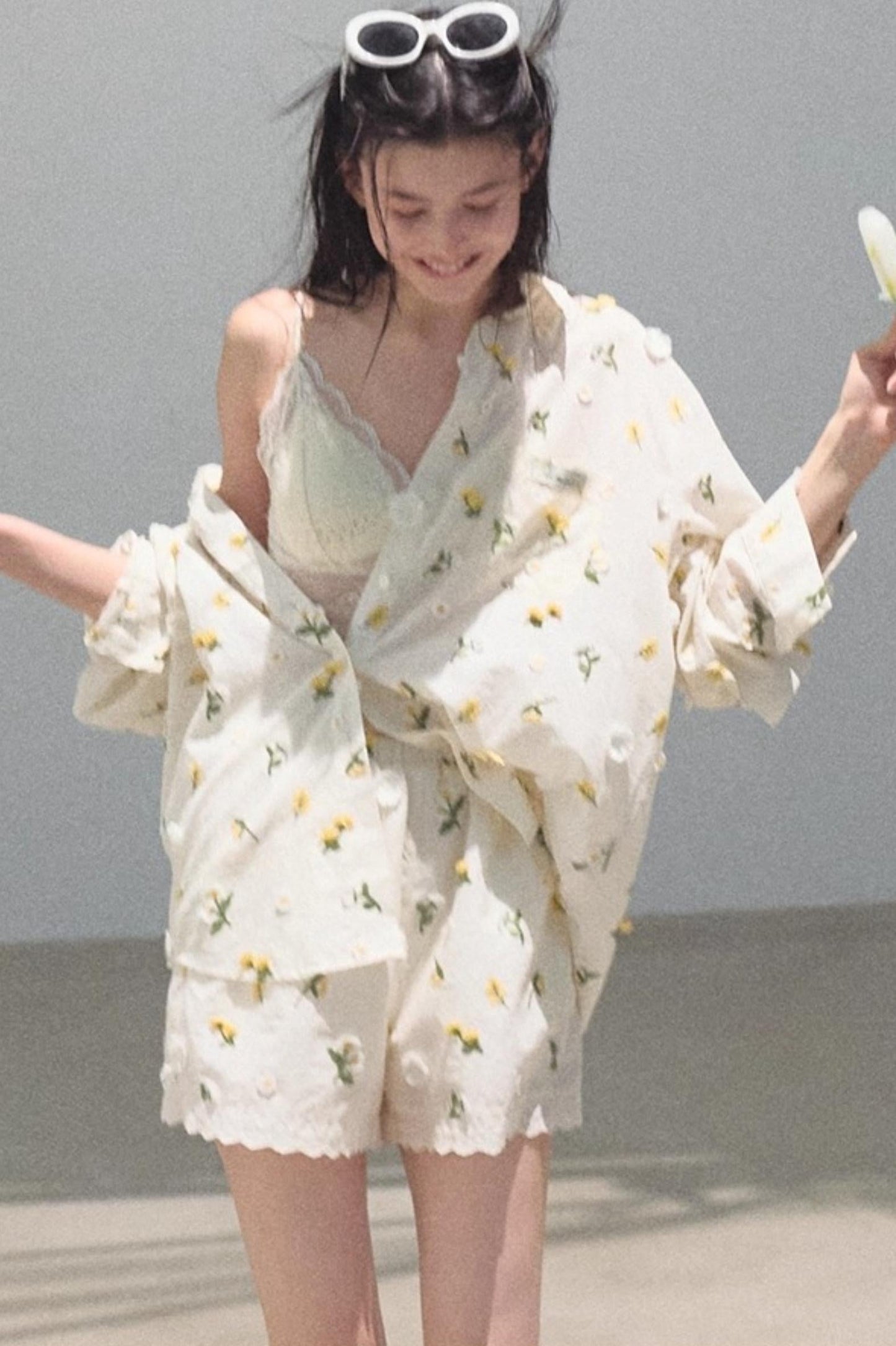 Flowers Cotton Embroidered Casual Shirt Set-Up